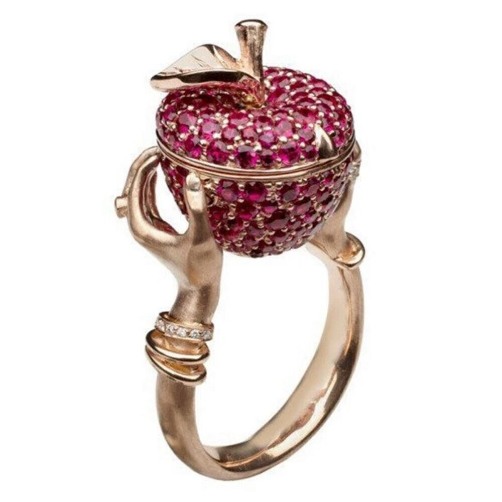 Pink Crystal Apple Poison Ring Womens Secret Compartment Statement Jewelry